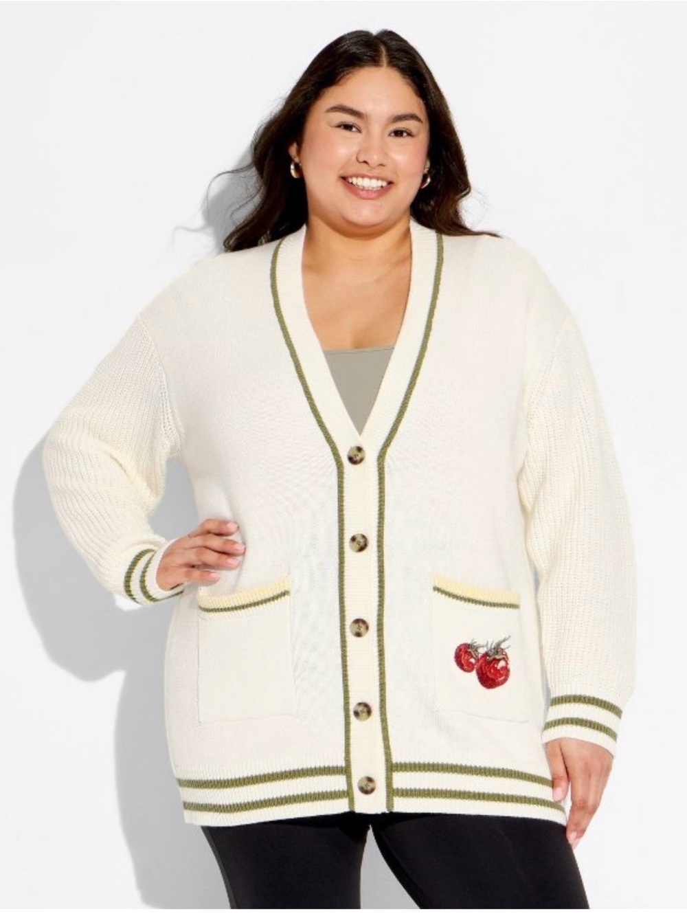 Cream Button-Front Cardigan with Green Trim and tomatoes sweet and tangy - Picture 2 of 4